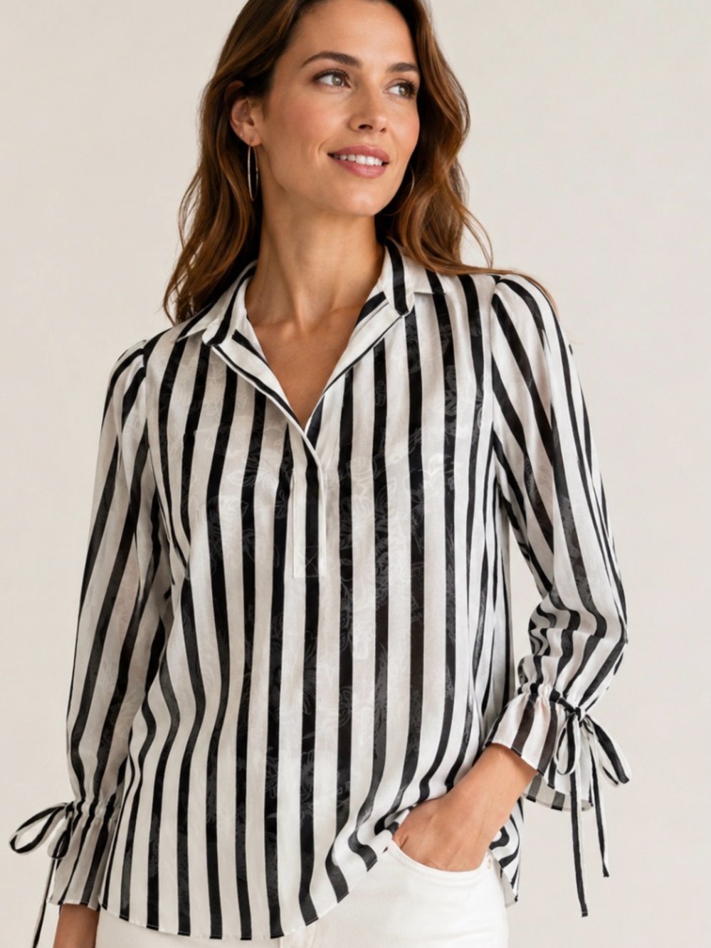Alice + Olivia Arie Tie-Cuffs Striped Top Size S